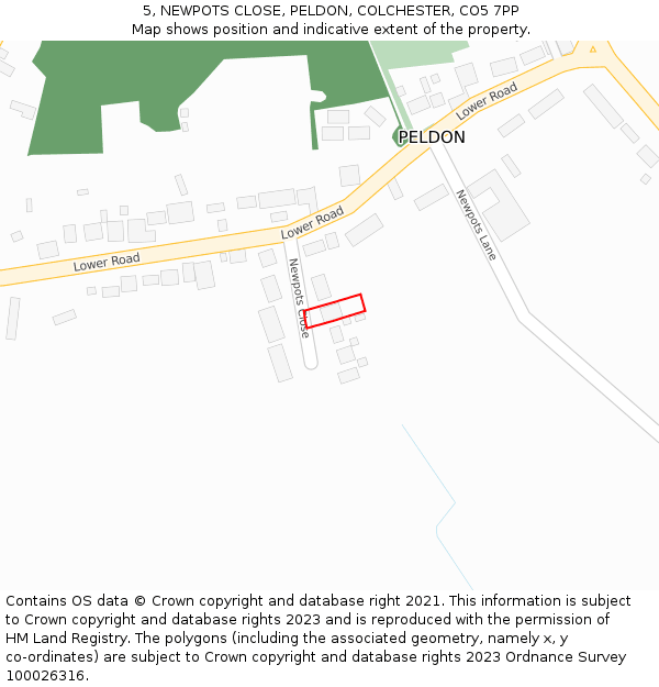 5, NEWPOTS CLOSE, PELDON, COLCHESTER, CO5 7PP: Location map and indicative extent of plot