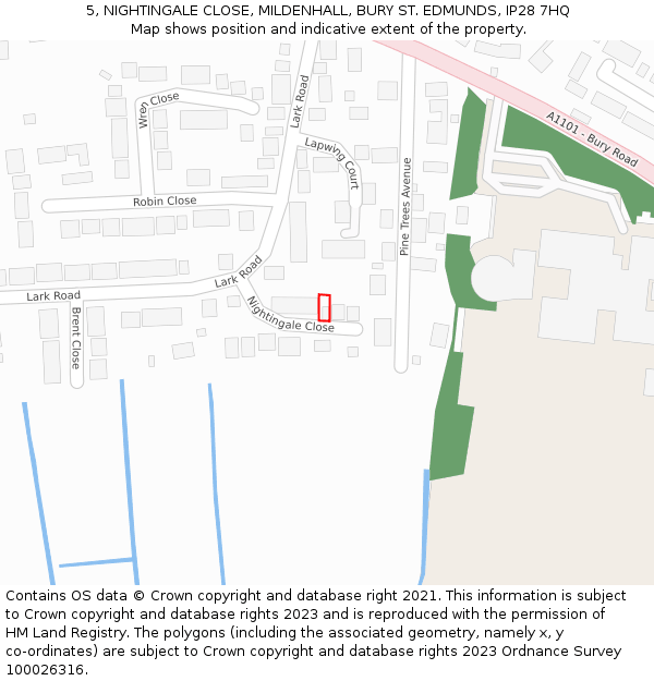 5, NIGHTINGALE CLOSE, MILDENHALL, BURY ST. EDMUNDS, IP28 7HQ: Location map and indicative extent of plot