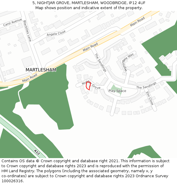 5, NIGHTJAR GROVE, MARTLESHAM, WOODBRIDGE, IP12 4UF: Location map and indicative extent of plot