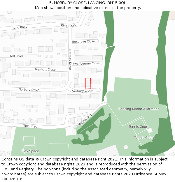 5, NORBURY CLOSE, LANCING, BN15 0QL: Location map and indicative extent of plot