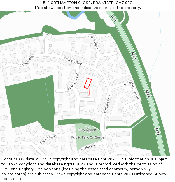 5, NORTHAMPTON CLOSE, BRAINTREE, CM7 9FG: Location map and indicative extent of plot