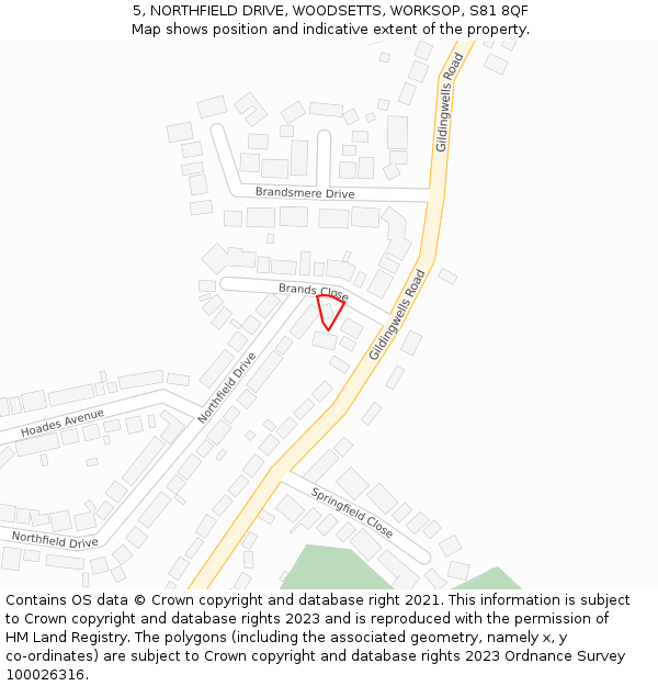 5, NORTHFIELD DRIVE, WOODSETTS, WORKSOP, S81 8QF: Location map and indicative extent of plot