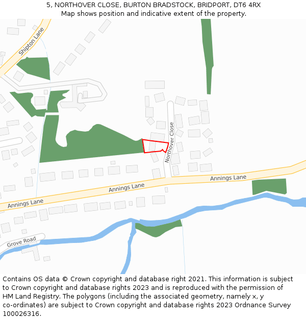 5, NORTHOVER CLOSE, BURTON BRADSTOCK, BRIDPORT, DT6 4RX: Location map and indicative extent of plot