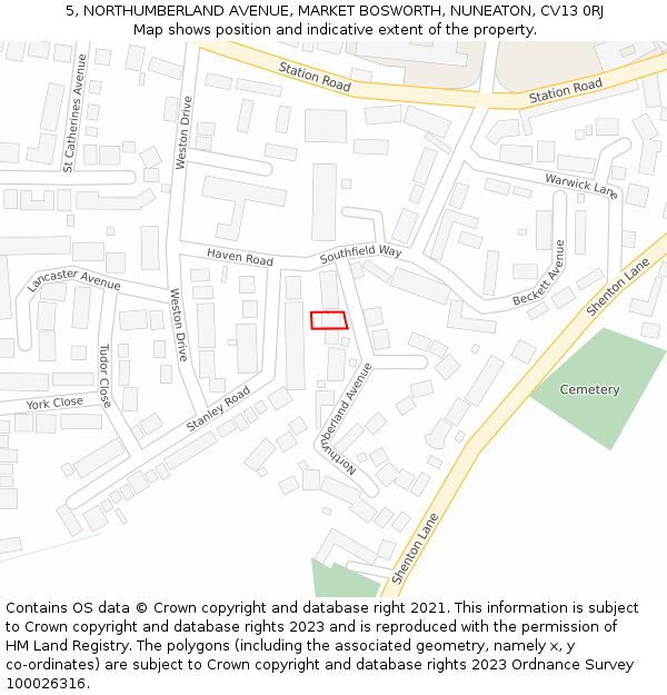 5, NORTHUMBERLAND AVENUE, MARKET BOSWORTH, NUNEATON, CV13 0RJ: Location map and indicative extent of plot