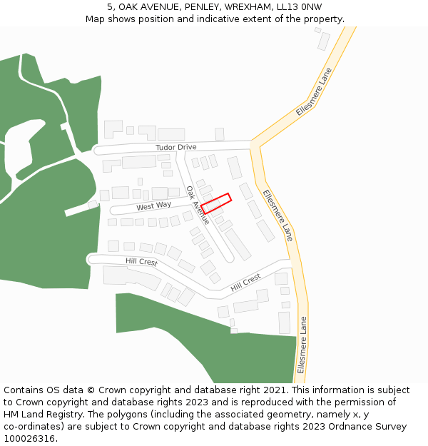 5, OAK AVENUE, PENLEY, WREXHAM, LL13 0NW: Location map and indicative extent of plot