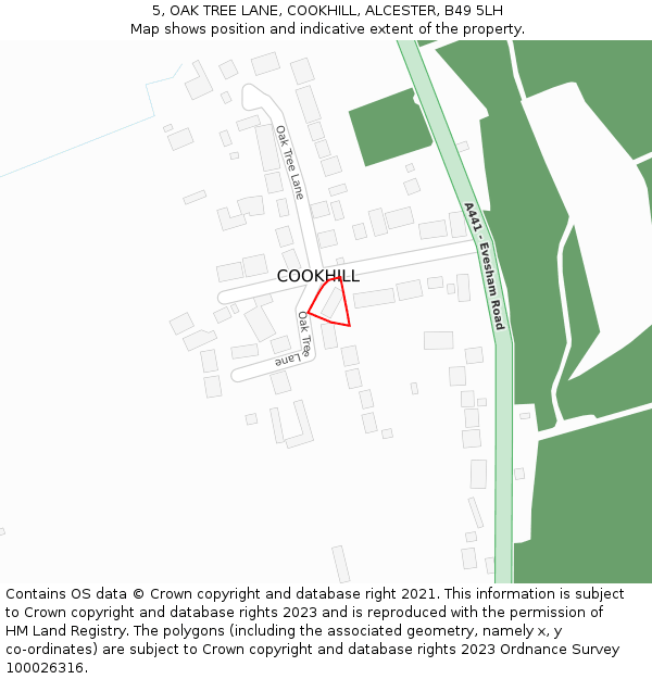 5, OAK TREE LANE, COOKHILL, ALCESTER, B49 5LH: Location map and indicative extent of plot