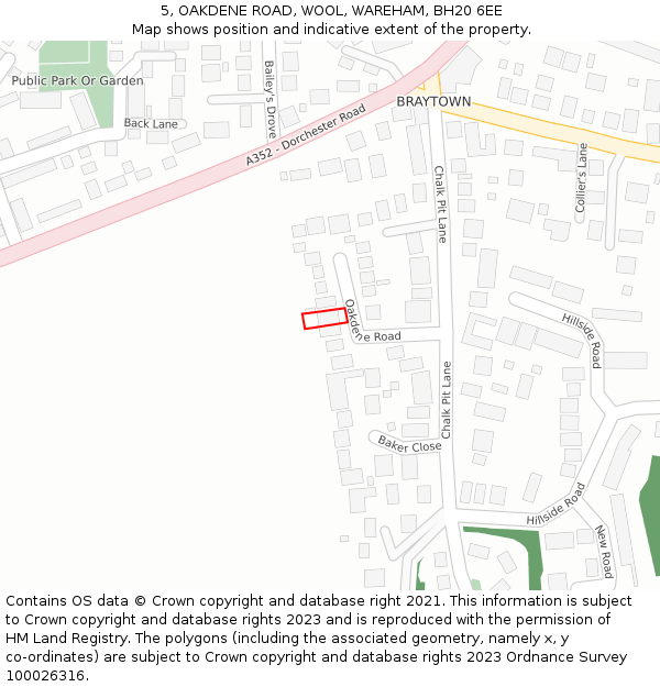 5, OAKDENE ROAD, WOOL, WAREHAM, BH20 6EE: Location map and indicative extent of plot