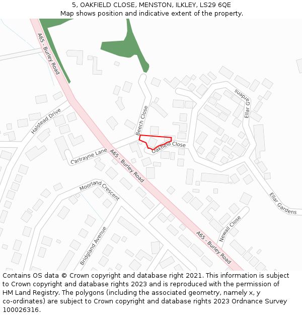 5, OAKFIELD CLOSE, MENSTON, ILKLEY, LS29 6QE: Location map and indicative extent of plot