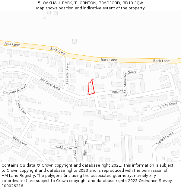 5, OAKHALL PARK, THORNTON, BRADFORD, BD13 3QW: Location map and indicative extent of plot