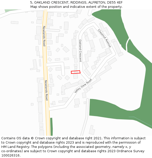 5, OAKLAND CRESCENT, RIDDINGS, ALFRETON, DE55 4EF: Location map and indicative extent of plot