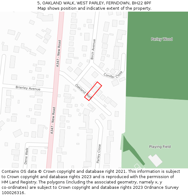 5, OAKLAND WALK, WEST PARLEY, FERNDOWN, BH22 8PF: Location map and indicative extent of plot