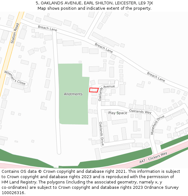 5, OAKLANDS AVENUE, EARL SHILTON, LEICESTER, LE9 7JX: Location map and indicative extent of plot