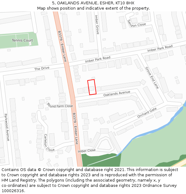 5, OAKLANDS AVENUE, ESHER, KT10 8HX: Location map and indicative extent of plot