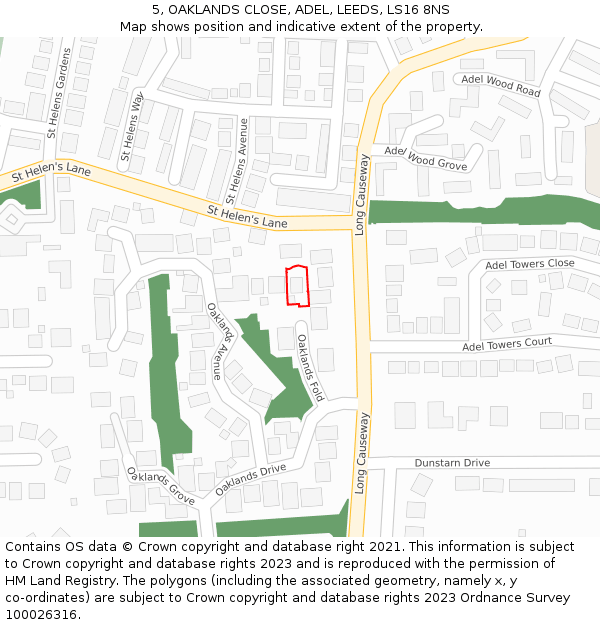 5, OAKLANDS CLOSE, ADEL, LEEDS, LS16 8NS: Location map and indicative extent of plot