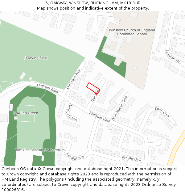 5, OAKWAY, WINSLOW, BUCKINGHAM, MK18 3HP: Location map and indicative extent of plot