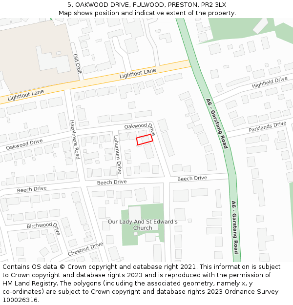 5, OAKWOOD DRIVE, FULWOOD, PRESTON, PR2 3LX: Location map and indicative extent of plot