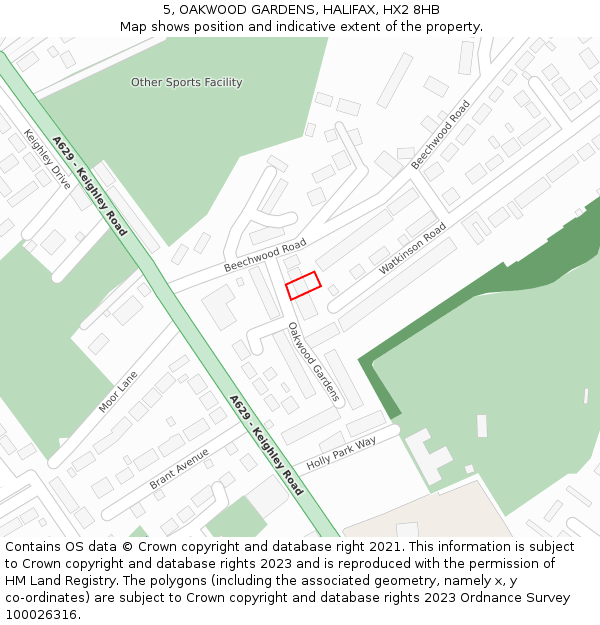 5, OAKWOOD GARDENS, HALIFAX, HX2 8HB: Location map and indicative extent of plot