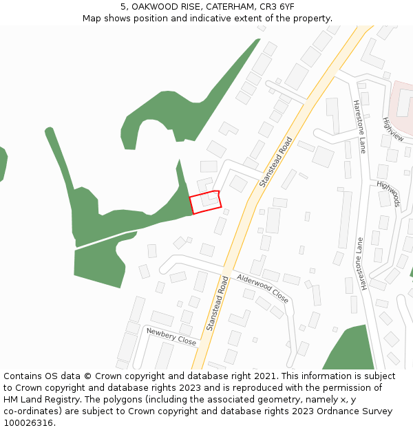 5, OAKWOOD RISE, CATERHAM, CR3 6YF: Location map and indicative extent of plot