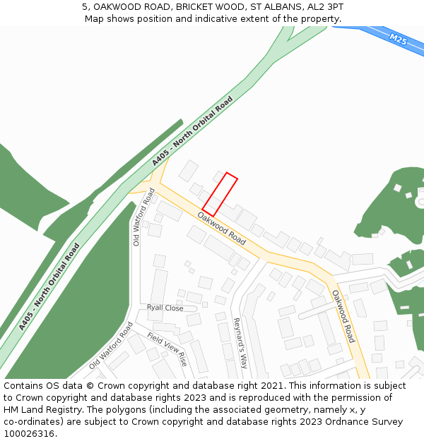 5, OAKWOOD ROAD, BRICKET WOOD, ST ALBANS, AL2 3PT: Location map and indicative extent of plot