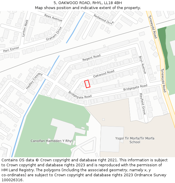 5, OAKWOOD ROAD, RHYL, LL18 4BH: Location map and indicative extent of plot