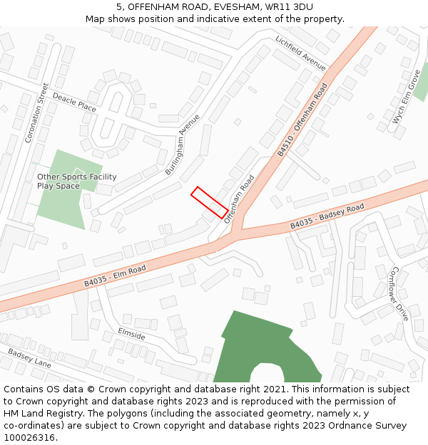5, OFFENHAM ROAD, EVESHAM, WR11 3DU: Location map and indicative extent of plot