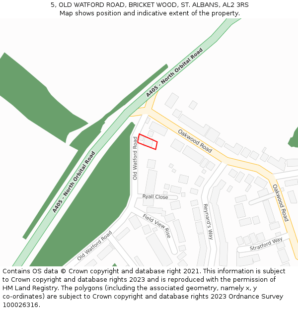 5, OLD WATFORD ROAD, BRICKET WOOD, ST. ALBANS, AL2 3RS: Location map and indicative extent of plot