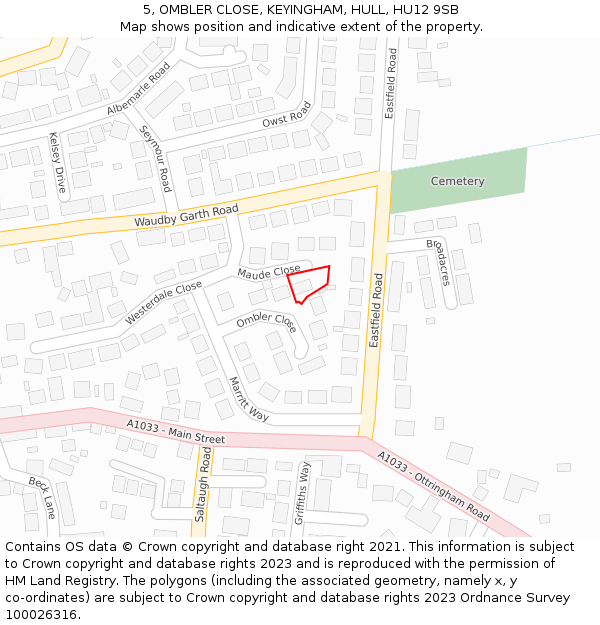 5, OMBLER CLOSE, KEYINGHAM, HULL, HU12 9SB: Location map and indicative extent of plot