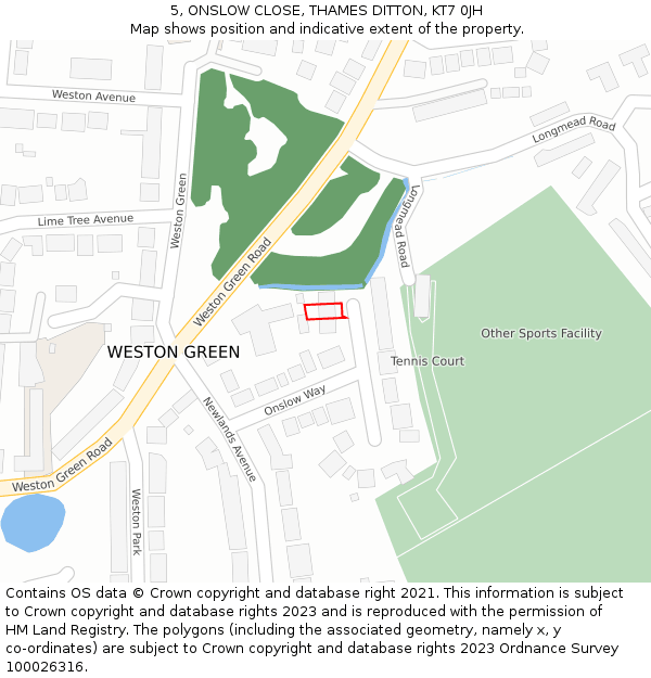 5, ONSLOW CLOSE, THAMES DITTON, KT7 0JH: Location map and indicative extent of plot