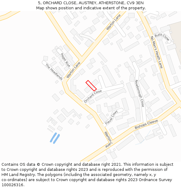 5, ORCHARD CLOSE, AUSTREY, ATHERSTONE, CV9 3EN: Location map and indicative extent of plot