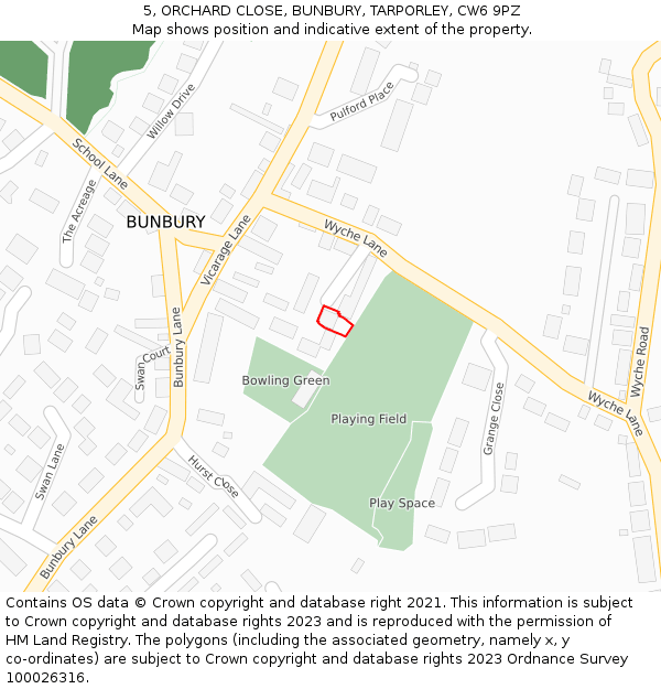 5, ORCHARD CLOSE, BUNBURY, TARPORLEY, CW6 9PZ: Location map and indicative extent of plot