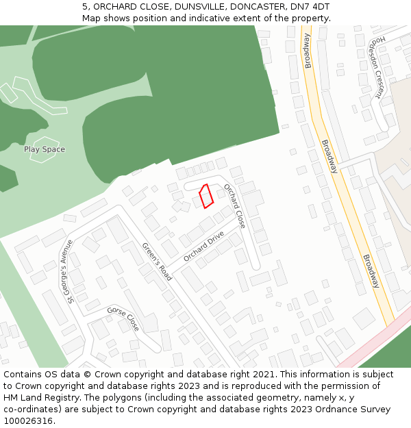 5, ORCHARD CLOSE, DUNSVILLE, DONCASTER, DN7 4DT: Location map and indicative extent of plot