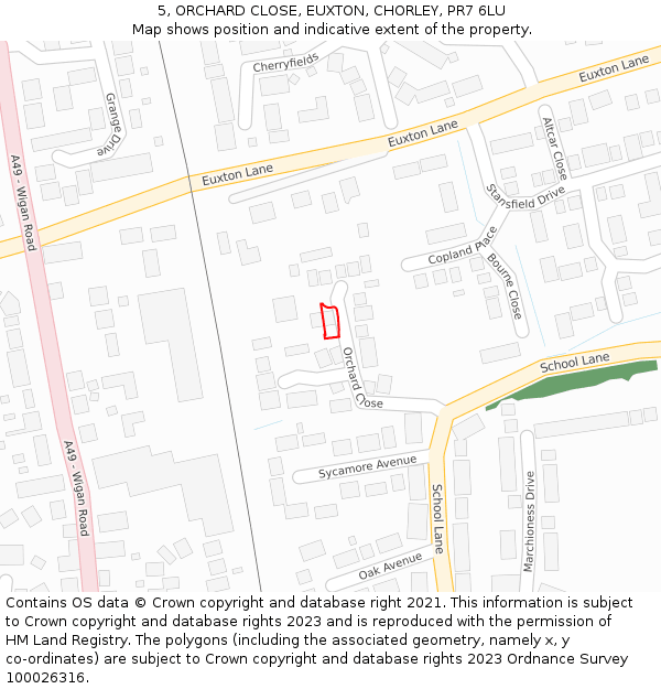 5, ORCHARD CLOSE, EUXTON, CHORLEY, PR7 6LU: Location map and indicative extent of plot