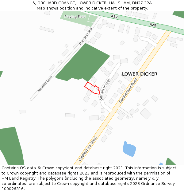 5, ORCHARD GRANGE, LOWER DICKER, HAILSHAM, BN27 3PA: Location map and indicative extent of plot