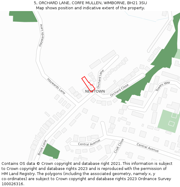 5, ORCHARD LANE, CORFE MULLEN, WIMBORNE, BH21 3SU: Location map and indicative extent of plot