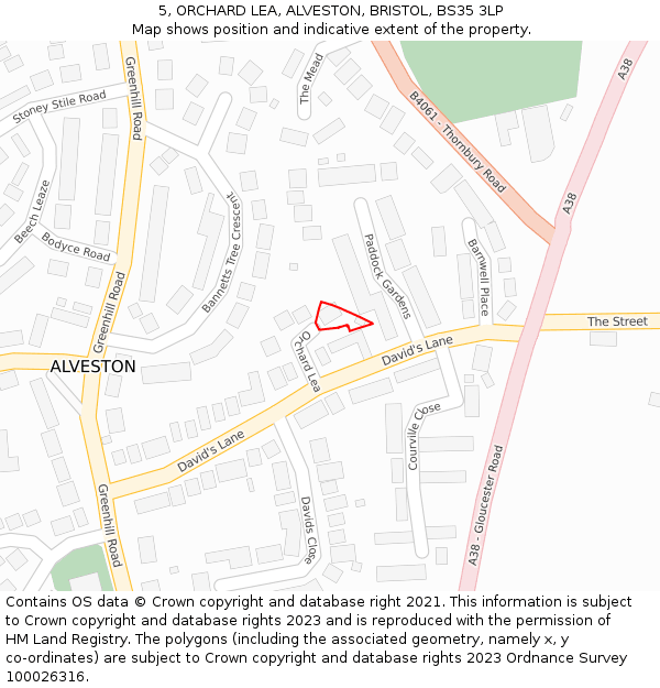 5, ORCHARD LEA, ALVESTON, BRISTOL, BS35 3LP: Location map and indicative extent of plot