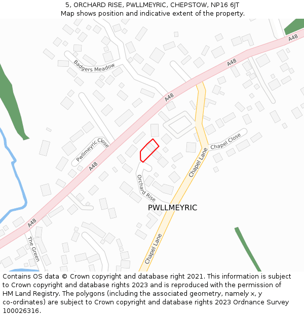 5, ORCHARD RISE, PWLLMEYRIC, CHEPSTOW, NP16 6JT: Location map and indicative extent of plot