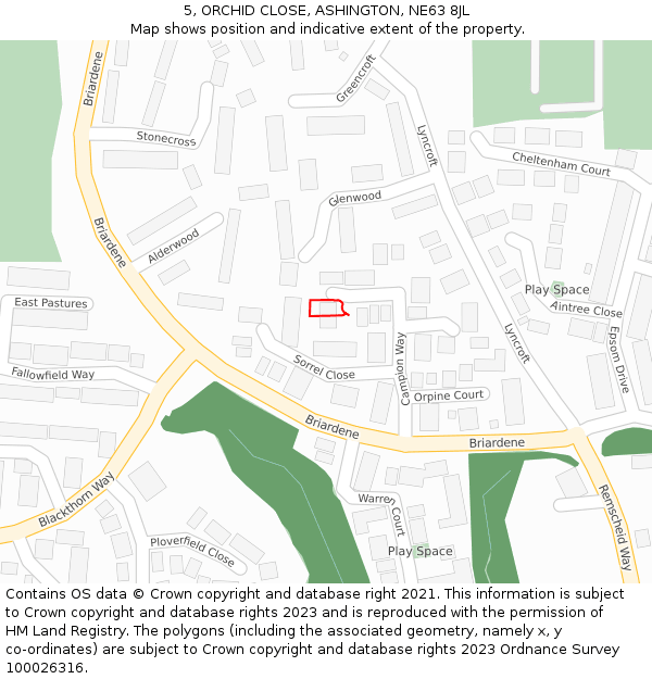 5, ORCHID CLOSE, ASHINGTON, NE63 8JL: Location map and indicative extent of plot