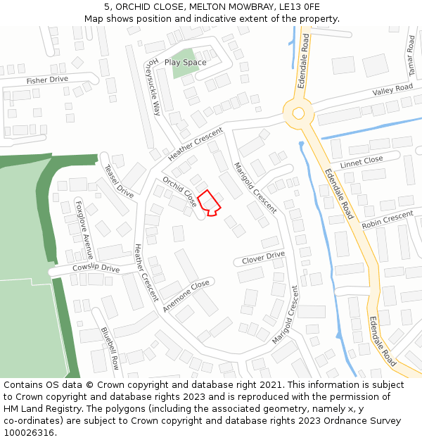 5, ORCHID CLOSE, MELTON MOWBRAY, LE13 0FE: Location map and indicative extent of plot