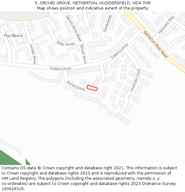 5, ORCHID GROVE, NETHERTON, HUDDERSFIELD, HD4 7HR: Location map and indicative extent of plot