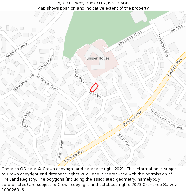 5, ORIEL WAY, BRACKLEY, NN13 6DR: Location map and indicative extent of plot