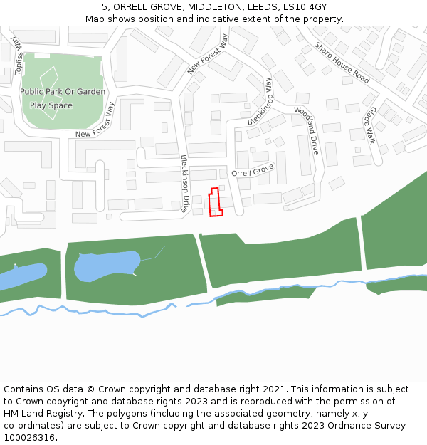 5, ORRELL GROVE, MIDDLETON, LEEDS, LS10 4GY: Location map and indicative extent of plot