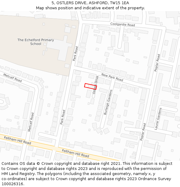 5, OSTLERS DRIVE, ASHFORD, TW15 1EA: Location map and indicative extent of plot