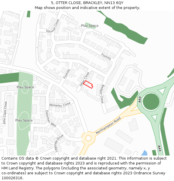 5, OTTER CLOSE, BRACKLEY, NN13 6QY: Location map and indicative extent of plot