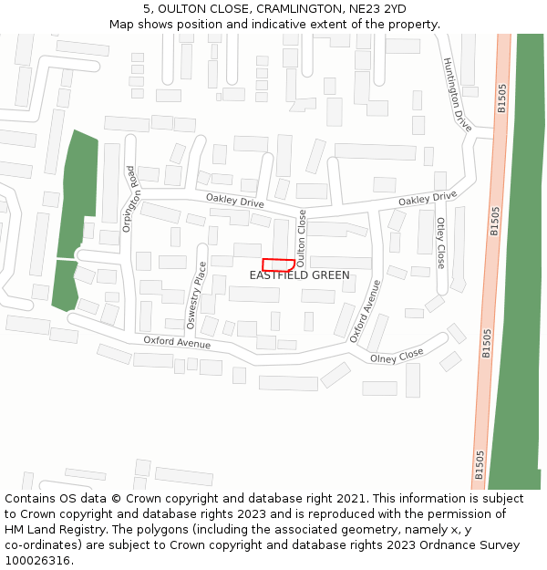 5, OULTON CLOSE, CRAMLINGTON, NE23 2YD: Location map and indicative extent of plot