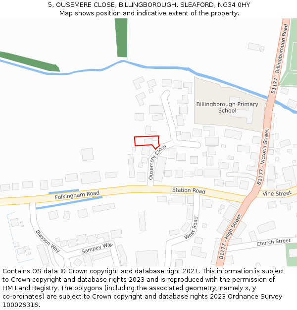 5, OUSEMERE CLOSE, BILLINGBOROUGH, SLEAFORD, NG34 0HY: Location map and indicative extent of plot