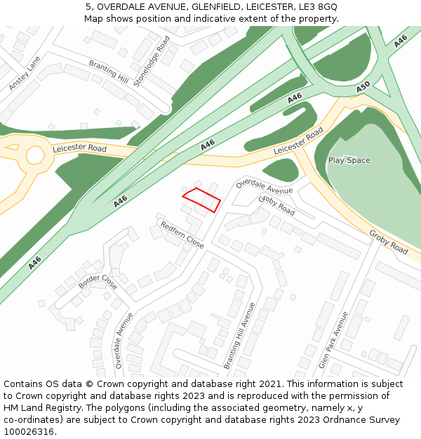 5, OVERDALE AVENUE, GLENFIELD, LEICESTER, LE3 8GQ: Location map and indicative extent of plot