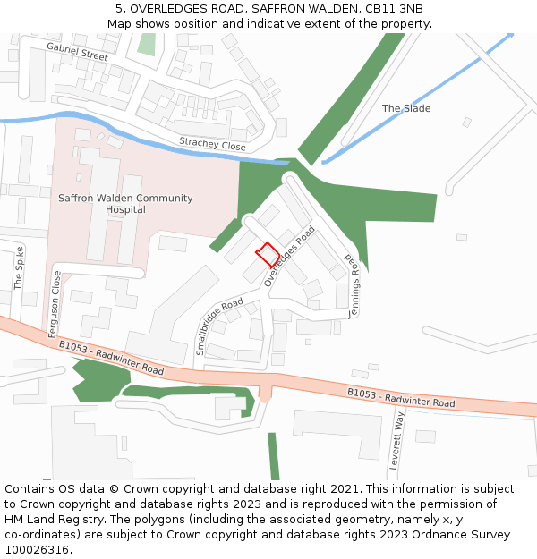5, OVERLEDGES ROAD, SAFFRON WALDEN, CB11 3NB: Location map and indicative extent of plot