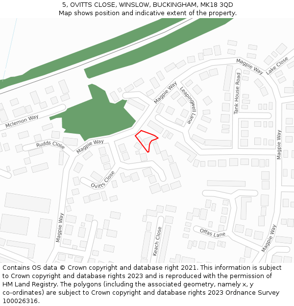 5, OVITTS CLOSE, WINSLOW, BUCKINGHAM, MK18 3QD: Location map and indicative extent of plot