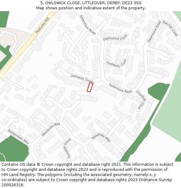 5, OWLSWICK CLOSE, LITTLEOVER, DERBY, DE23 3SS: Location map and indicative extent of plot