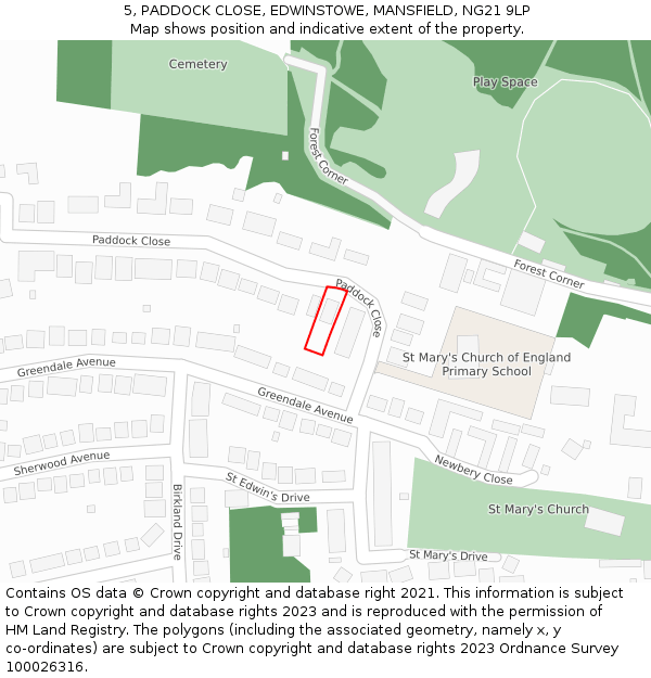 5, PADDOCK CLOSE, EDWINSTOWE, MANSFIELD, NG21 9LP: Location map and indicative extent of plot